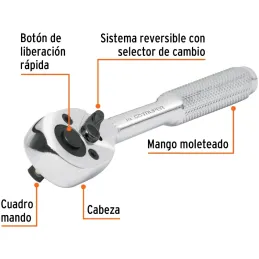 Ratchet Matraca de Liberacion Rapida, Cabeza de Pera, Encastre 1/4" Largo 5 1/8", Acero al cromo vanadio, M-4749-N 13214 Truper 