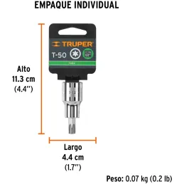 Dados Punta Torx T-50 E1/2 CrVanadio Truper 13439 Truper-Dados Punta Torx T-50 E1/2 CrVanadio Truper 13439 Fabricado en acero al