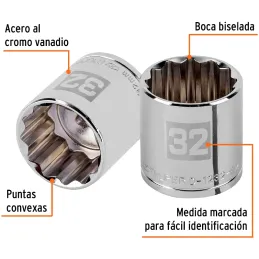 Dados 32mm E1/2 Poligonales CrVanadio, Truper 13545 Truper-Dados 32mm E1/2 Poligonales CrVanadio, Truper 13545 Fabricado en acer