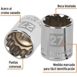 Dados 27mm E1/2 Poligonales CrVanadio, Truper 13541 Truper-Dados 27mm E1/2 Poligonales CrVanadio, Truper 13541 Fabricado en acer