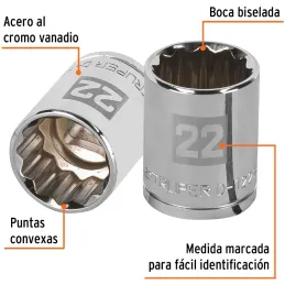 Dados 22mm E1/2 Poligonales CrVanadio, Truper 13536 Truper-Dados 22mm E1/2 Poligonales CrVanadio, Truper 13536 Fabricado en acer