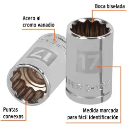 Dados 17mm E1/2 Poligonales CrVanadio, Truper 13531 Truper-Dados 17mm E1/2 Poligonales CrVanadio, Truper 13531 Fabricado en acer