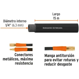 Mangueras para compresor de Alta Presion de Hule 1/4" Conector Movil 15 m, MAN-AP-15-1/4 17081 Truper Truper-Mangueras para comp