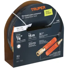 Mangueras para compresor de Alta Presion de Hule 1/4" Conector Movil 15 m, MAN-AP-15-1/4 17081 Truper Truper-Mangueras para comp