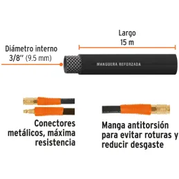 Mangueras para compresor de Alta Presion de Hule 3/8" Conector Movil 15 m, MAN-AP-15-3/8 19017 Truper Truper-Mangueras para comp