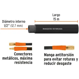 Mangueras para compresor de Alta Presion de Hule 1/2" Conector Movil 15 m, MAN-AP-15-1/2 17086 Truper Truper-Mangueras para comp