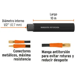 Mangueras para compresor de Alta Presion de Hule 1/2" Conector Movil 10 m, MAN-AP-10-1/2 17085 Truper Truper-Mangueras para comp