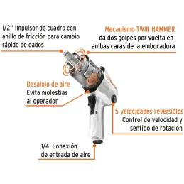 Llave Neumatica Pistola de Impacto 1/2" Industrial, Carcasa de Aluminio Pulido, TPN-734H-2 11187 Truper Truper-Llave Neumatica P