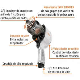 Llave Neumatica Pistola de Impacto 3/4" Industrial, Carcasa de Aluminio Pulido, TPN-776X-2 16889 Truper Truper-Llave Neumatica P