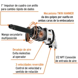 Llave Neumatica Pistola de Impacto 1" Industrial, Carcasa de Aluminio Pulido, TPN-797-6-2 11186 Truper Truper-Llave Neumatica Pi