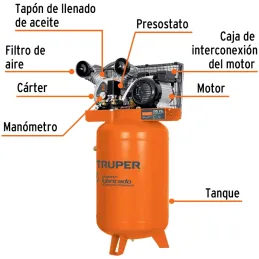 Compresoras de Aire de 4HP 120 Litros Vertical, Uso Ininterrumpido Arranque Automatico, Truper COMP-120LVC 102131 Truper-Compres