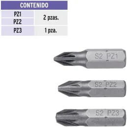 Juego de Puntas 5Piezas Pozidriv PZ0 PZ1 PZ2 PZ3 Largo1" para Desarmador Electrico o Manual, PZ-15 17798 Truper Truper-Juego de 