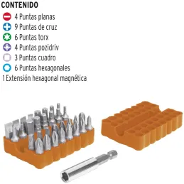 Juego de Puntas 33 Piezas, Largo1", Acero al cromo vanadio, para Desarmador Electrico o Manual, PUN-33 17788 Truper Truper-Juego