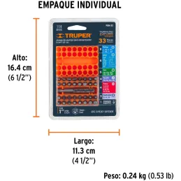 Juego de Puntas 33 Piezas, Largo1", Acero al cromo vanadio, para Desarmador Electrico o Manual, PUN-33 17788 Truper Truper-Juego
