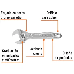 Llave Francesa 8" A1-1/8" Profesionales CrVanadio Cromadas Truper 15506 Truper-Llave Francesa 8" A1-1/8" Profesionales CrVanadio