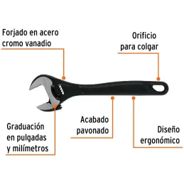 Llave Francesa 12" A1-5/8" Profesionales CrVanadio Fosfatadas Truper 15503 Truper-Llave Francesa 12" A1-5/8" Profesionales CrVan