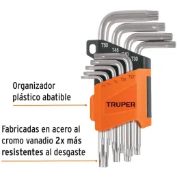 Juegos de 9 Llaves Torx Truper 15554 Truper-Juegos de 9 Llaves Torx Truper 15554 Fabricadas en acero al cromo vanadio 2X más res