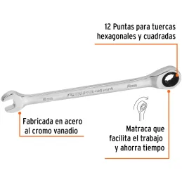 Llaves Boca Mixta Ratchet 8mm ACrVanadio Truper 15742 Truper-Llaves Boca Mixta Ratchet 8mm ACrVanadio Truper 15742 Fabricada en 