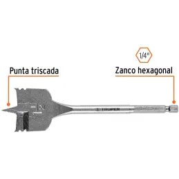 Broca Mecha Plana 1-1/2" x15cm Z1/4 Truper 11393 Truper-Broca Mecha Plana 1-1/2" x15cm Z1/4 Truper 11393 Punta triscada 2X mayor