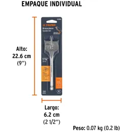 Broca Mecha Plana 1-1/2" x15cm Z1/4 Truper 11393 Truper-Broca Mecha Plana 1-1/2" x15cm Z1/4 Truper 11393 Punta triscada 2X mayor