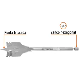 Broca Mecha Plana 1-1/8" x15cm Z1/4 Truper 11387 Truper-Broca Mecha Plana 1-1/8" x15cm Z1/4 Truper 11387 Punta triscada 2X mayor