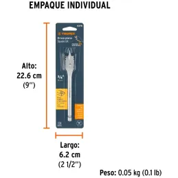 Broca Mecha Plana 3/4" x15cm Z1/4 Truper 11378 Truper-Broca Mecha Plana 3/4" x15cm Z1/4 Truper 11378 Punta triscada 2X mayor vel