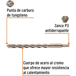 Brocas Concreto 7/8" x12" ZP3-1/2 Truper 11251 Truper-Brocas Concreto 7/8" x12" ZP3-1/2 Truper 11251 Cuerpo de acero al cromo qu