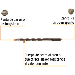 Brocas Concreto 3/8" x5" ZP3 Truper 11221 Truper-Brocas Concreto 3/8" x5" ZP3 Truper 11221 Cuerpo de acero al cromo que ofrece m