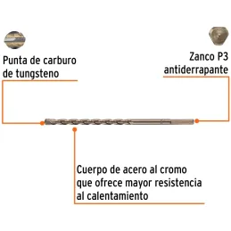 Brocas Concreto 1/4" x6" ZP3 Truper 11206 Truper-Brocas Concreto 1/4" x6" ZP3 Truper 11206 Cuerpo de acero al cromo que ofrece m