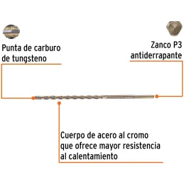 Brocas Concreto 3/16" x6" ZP3 Truper 11258 Truper-Brocas Concreto 3/16" x6" ZP3 Truper 11258 Cuerpo de acero al cromo que ofrece