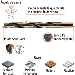 Brocas Metal HSS 9/16" xL7" Truper 11168 Truper-Brocas Metal HSS 9/16" xL7" Truper 11168 Uso en metales ferrosos, no ferrosos, m