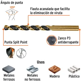 Brocas Metal HSS 21/64" xL5" Truper 11144 Truper-Brocas Metal HSS 21/64" xL5" Truper 11144 Uso en metales ferrosos, no ferrosos,