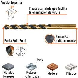 Brocas Metal HSS 19/64" xL4" Truper 11140 Truper-Brocas Metal HSS 19/64" xL4" Truper 11140 Uso en metales ferrosos, no ferrosos,