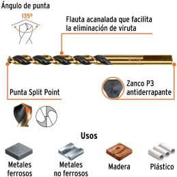 Brocas Metal HSS 1/4" xL4" Truper 11134 Truper-Brocas Metal HSS 1/4" xL4" Truper 11134 Uso en metales ferrosos, no ferrosos, mad