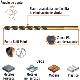 Brocas Metal HSS 13/64" xL4" Truper 11128 Truper-Brocas Metal HSS 13/64" xL4" Truper 11128 Uso en metales ferrosos, no ferrosos,