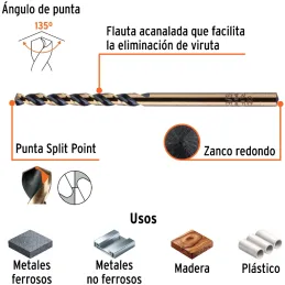 Brocas Metal HSS 9/64" xL3" Truper 11120 Truper-Brocas Metal HSS 9/64" xL3" Truper 11120 Uso en metales ferrosos, no ferrosos, m