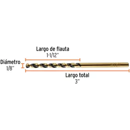 Brocas Metal HSS 1/8" xL3" Truper 11118 Truper-Brocas Metal HSS 1/8" xL3" Truper 11118 Uso en metales ferrosos, no ferrosos, mad