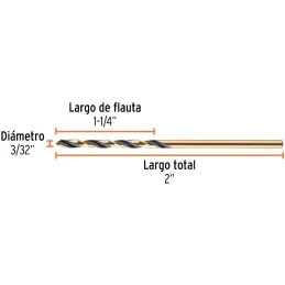 Brocas Metal HSS 3/32" xL2" Truper 11114 Truper-Brocas Metal HSS 3/32" xL2" Truper 11114 Uso en metales ferrosos, no ferrosos, m