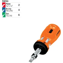 Juego Desarmadores Multipunta 6 Puntas Dobles tipo Trompo con Ratchet, Acero al Cromo Vanadio, DTROM-12 18193 Truper Truper-Jueg