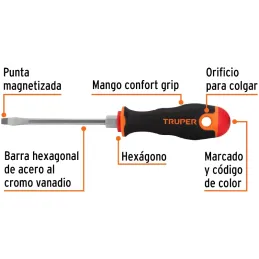Desarmador Plano Bhex 3/16" x4" ComfortGrip Truper 13992 Truper-Desarmador Plano Bhex 3/16" x4" ComfortGrip Truper 13992 Barra h