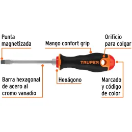 Desarmador Plano Bhex 1/4" x4" ComfortGrip Truper 13998 Truper-Desarmador Plano Bhex 1/4" x4" ComfortGrip Truper 13998 Barra hex