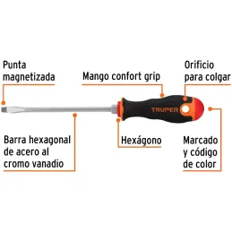 Desarmador Plano Bhex 1/4" x6" ComfortGrip Truper 14000 Truper-Desarmador Plano Bhex 1/4" x6" ComfortGrip Truper 14000 Barra hex