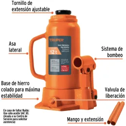 Gata de Botella 12 Toneladas, Con Tornillo de Extension, Altura Max 475 mm, GAT-12 14818 Truper Truper-Gata de Botella 12 Tonela