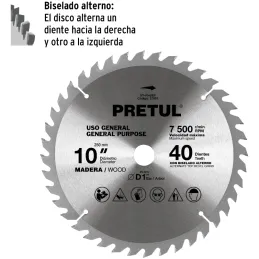 Discos sierras 10" 40Dientes C1", para madera, Pretul 27057 Pretul-Discos sierras 10" 40Dientes C1", para madera, Pretul 27057 D