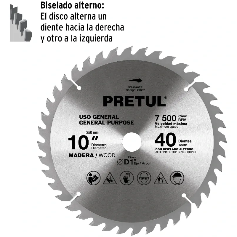 Discos sierras 10" 40Dientes C1", para madera, Pretul 27057 Pretul-Discos sierras 10" 40Dientes C1", para madera, Pretul 27057 D