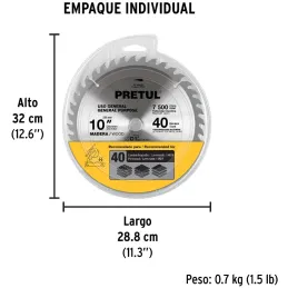 Discos sierras 10" 40Dientes C1", para madera, Pretul 27057 Pretul-Discos sierras 10" 40Dientes C1", para madera, Pretul 27057 D