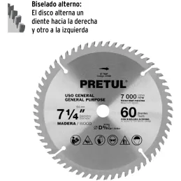 Discos sierras 7-1/4" 60Dientes C5/8", para madera, Pretul 27059 Pretul-Discos sierras 7-1/4" 60Dientes C5/8", para madera, Pret