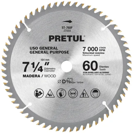 Discos sierras 7-1/4" 60Dientes C5/8", para madera, Pretul 27059 Pretul-Discos sierras 7-1/4" 60Dientes C5/8", para madera, Pret