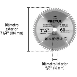 Discos sierras 7-1/4" 60Dientes C5/8", para madera, Pretul 27059 Pretul-Discos sierras 7-1/4" 60Dientes C5/8", para madera, Pret