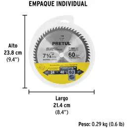 Discos sierras 7-1/4" 60Dientes C5/8", para madera, Pretul 27059 Pretul-Discos sierras 7-1/4" 60Dientes C5/8", para madera, Pret